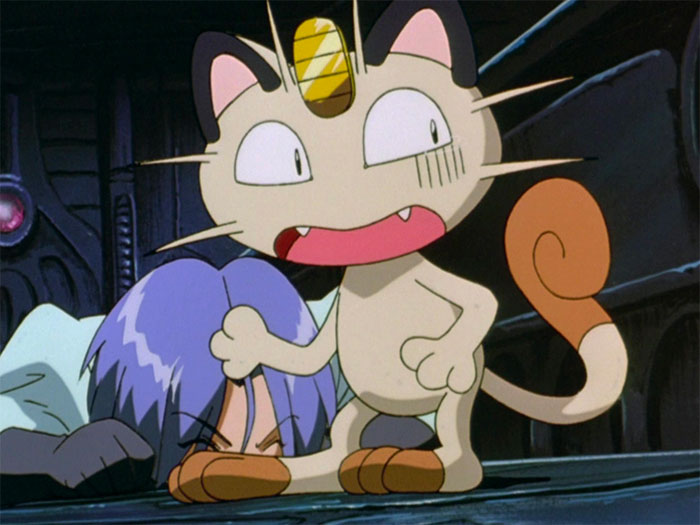 Meowth is standing and James on ground