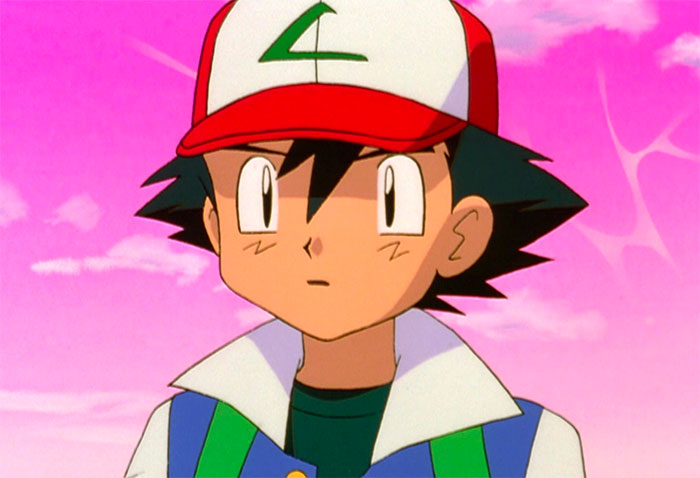 Ash Ketchum looks surprised and a pink vivid background