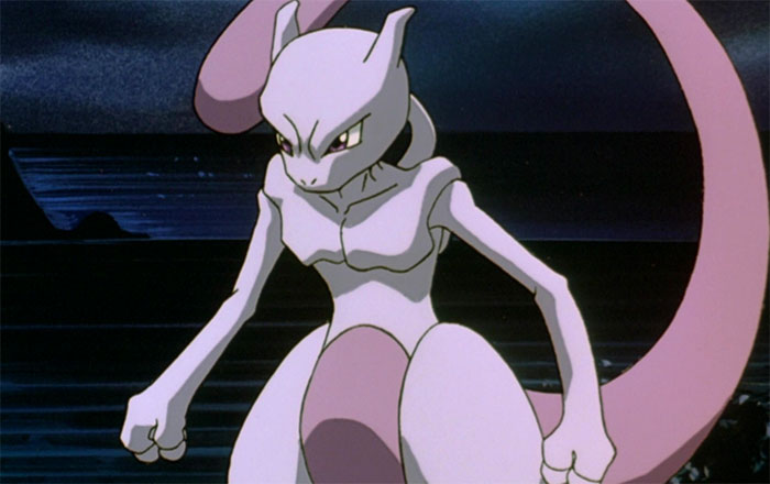 Mewtwo stands against a dark background