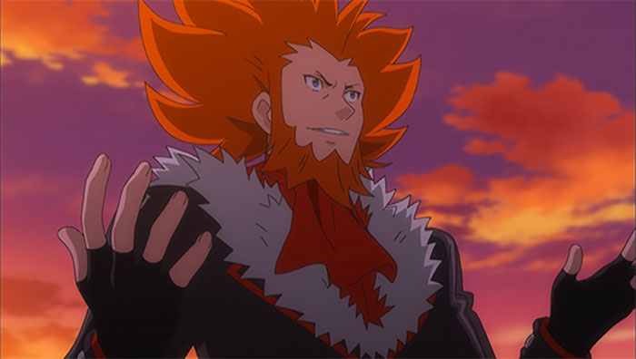 Lysandre standing with his hands spread and orange clouds in the background