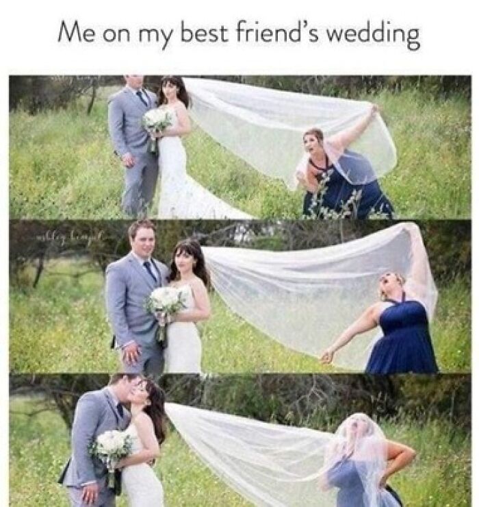 Wedding meme showing humorous moments with bridesmaid holding bride's veil.