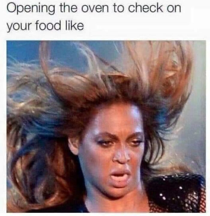 A relatable meme of a person reacting dramatically to opening an oven, hair blown back.