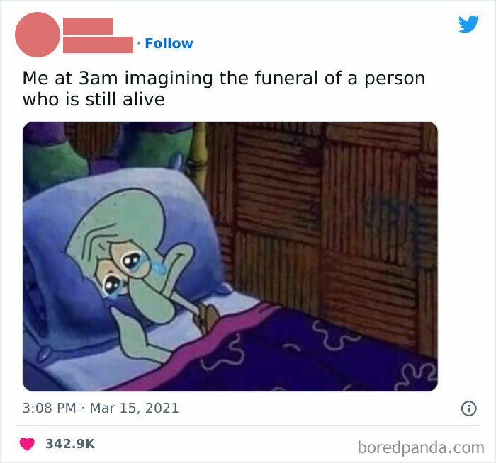 Squidward lying in bed at night, tearfully imagining scenarios, a relatable meme.