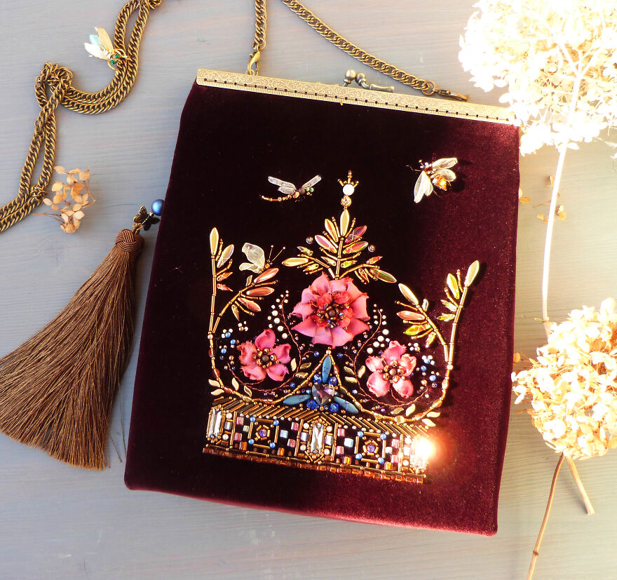 Rose Crown Golden Embroidery Burgundy Velvet Bag