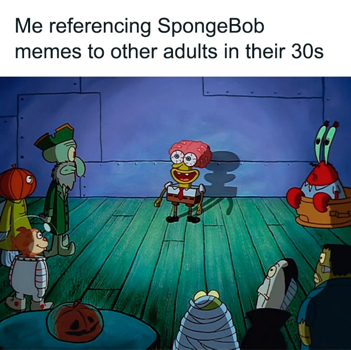 spongebob with a big brain telling something to his friends meme