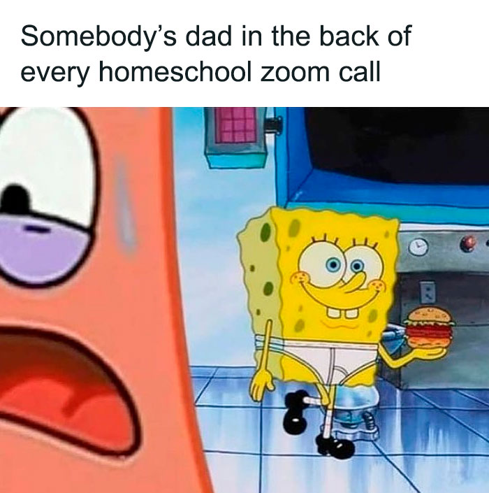 spongebob walking in his underpant with burger in his hand meme