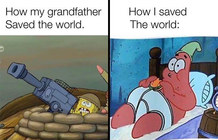 difference between Spongebob and Mr.Krabs saving the world meme