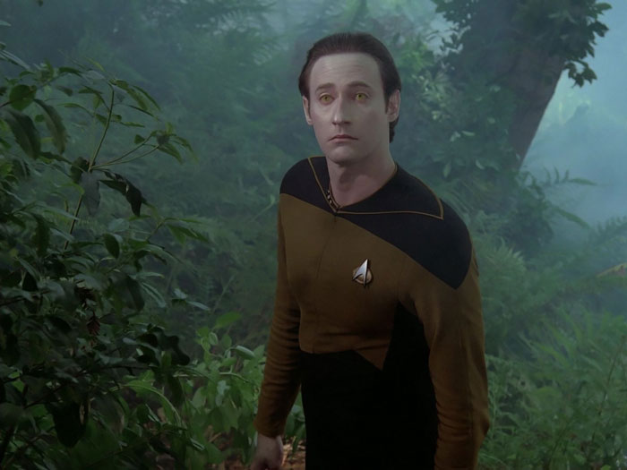 Data standing in a forest looking a little surprised