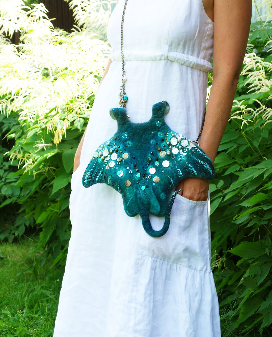 Turquoise Stingray Funky Felt Bag With Mother-Of-Pearl Embroidery