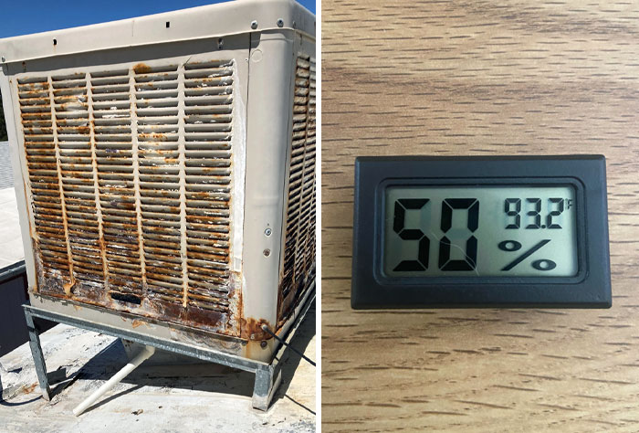 The Physical State Of The Air Conditioner Unit My Landlord Flat Out Refuses To Replace. It's 93°F In My Place, And It's Not Even Noon Yet