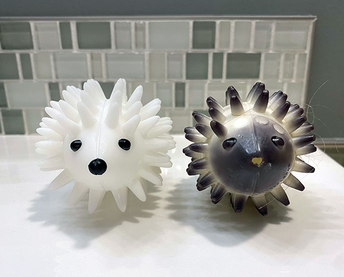 On The Left: Brand New Hedgehog Dryer Buddy, And On The Right: Dryer Buddy After Approx. 12 Years Of Use. They Are Thrown In The Dryer With Clothes To Help Fluff Them