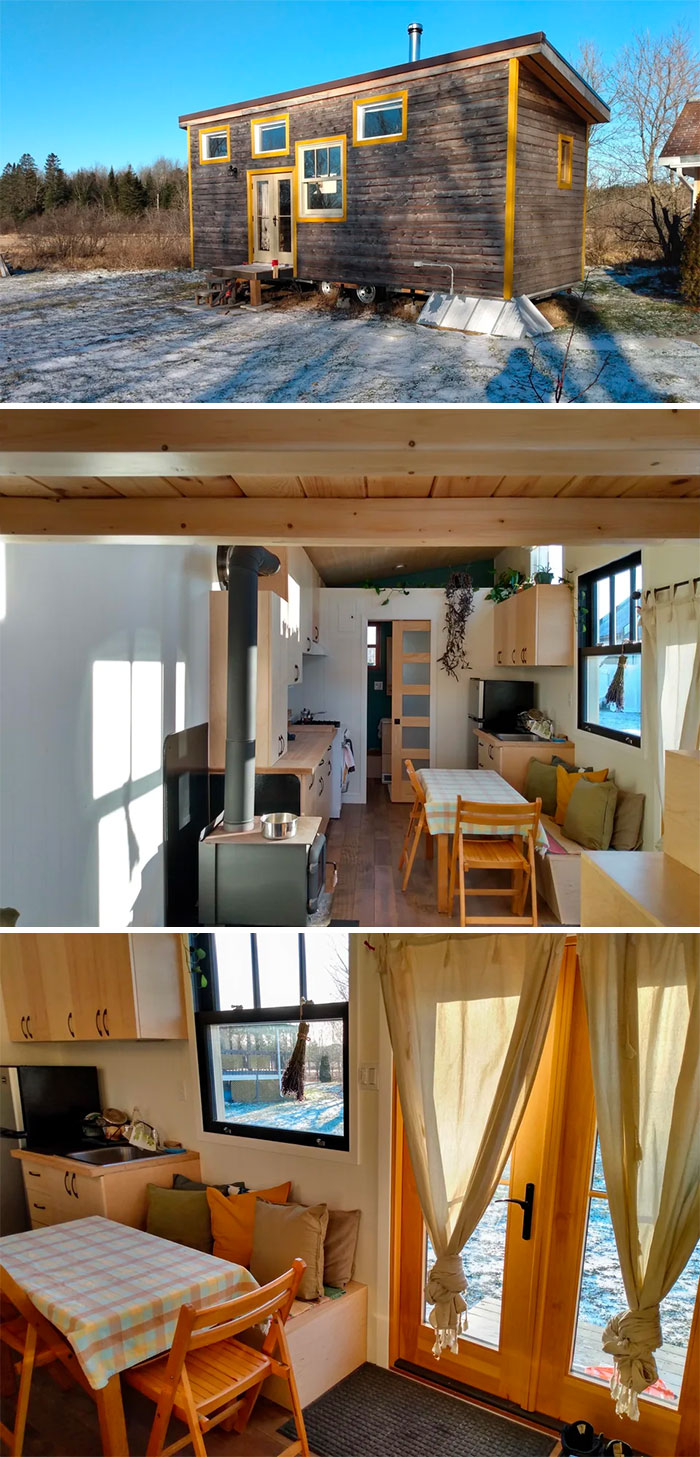 Charming tiny house design with rustic exterior and cozy, modern interior, featuring a kitchen and seating area.