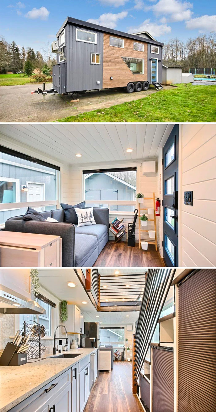 Stylish tiny house design featuring modern interiors, cozy living area, and functional kitchen layout.