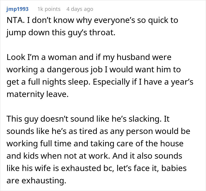 Dad Says His Sleep Is More Important Than Helping With The Baby At Night Because Of His Job, Asks For People's Perspectives Online Dad Says His Sleep Is More Important Than Helping With The Baby At Night Because Of His Job, Asks For People's Perspectives Online