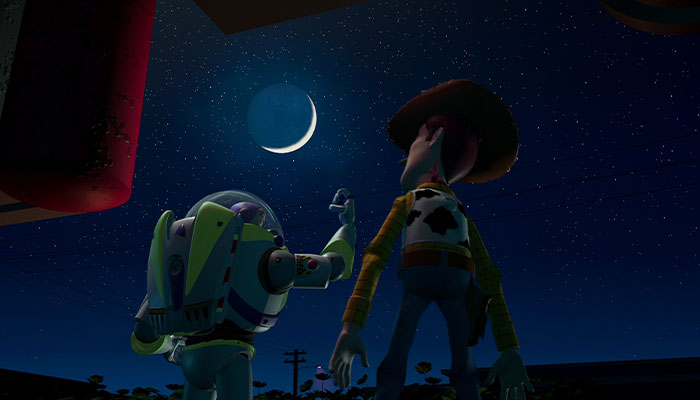 Buzz and Woody talking at night
