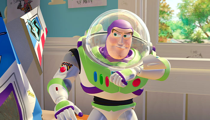 Buzz Lightyear talking into his suit