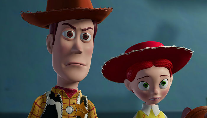 Woody looking angry with Jessie next to him looking worried