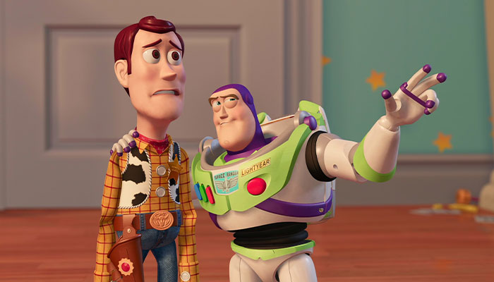 Buzz explaining something to upset Woody, toy story meme