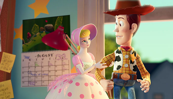 Bo peep holding onto woody's arm 