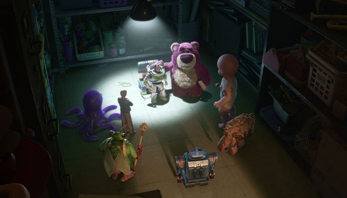 Lotso interrogating Buzz in front of his crew 
