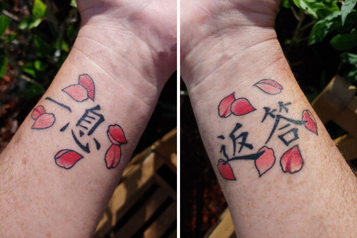 My First Tattoos - Left And Right Wrist Kanji And Cherry Blossom Petals