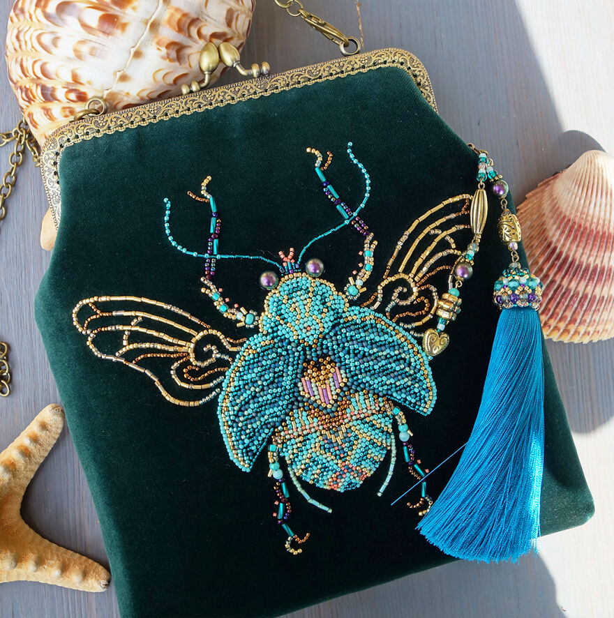 Turquoise Beetle Velvet Beaded Bag In Boho Style