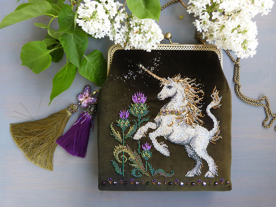 Unicorn And Thistle Bead Embroidery Velvet Bag With Tassels