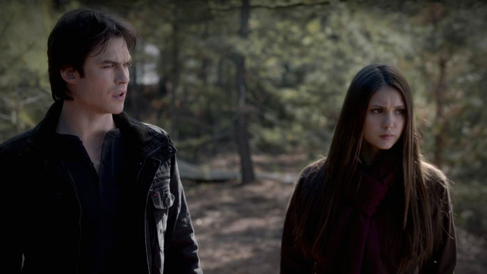 Damon and Elena standing in the woods 