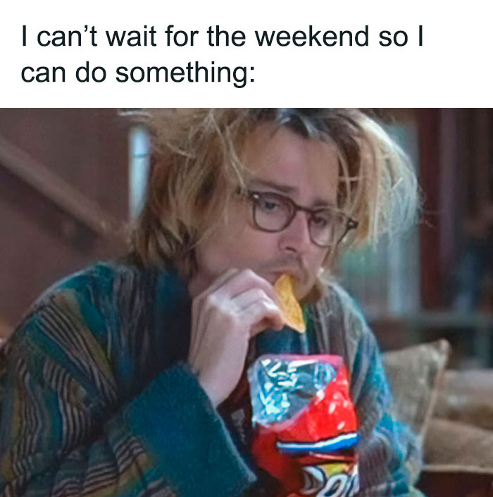 Weekend meme with Johnny Depp eating chips