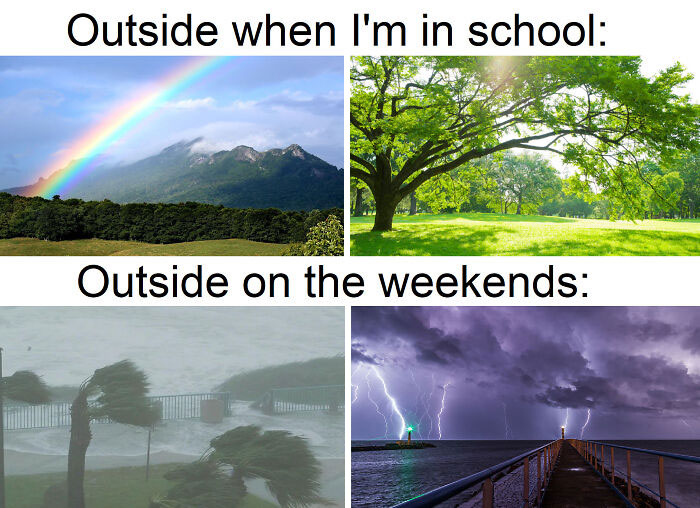 Weekend meme about weather on weekend and school days