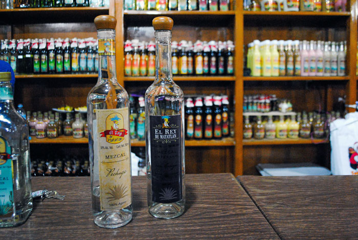 close up view of two bottles on the background of shelves of bottles