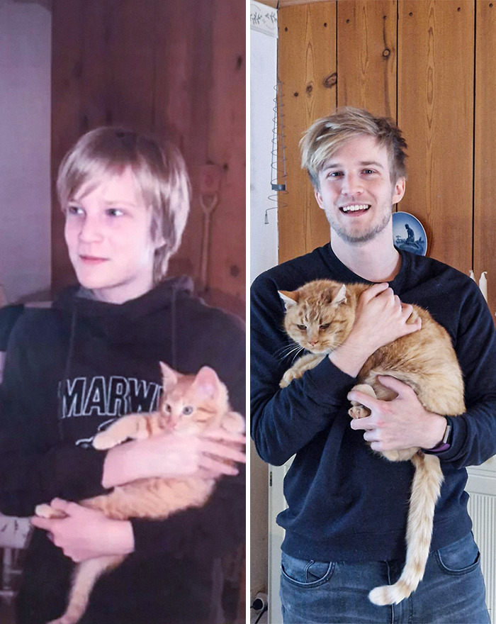 My Cat Ralf And I In The Same Place, 20 Years Later. She Was A Bit Grumpy During The Photo Shoot