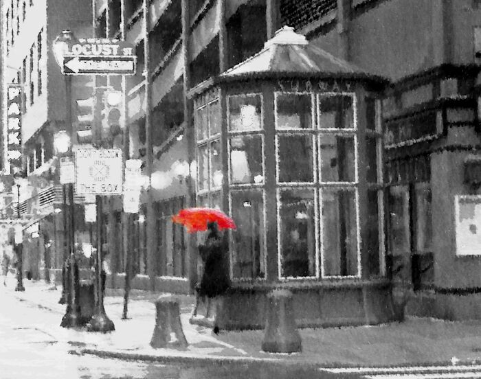 Sitting At A Traffic Light In The Rain. She Walks By With Her Red Umbrella. This Is My Favorite Edit