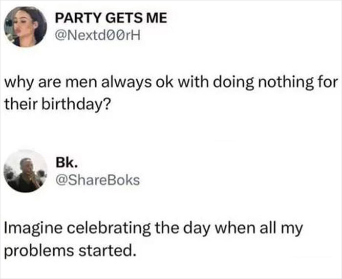Funny "Men’s Humor" meme about birthdays and problems.