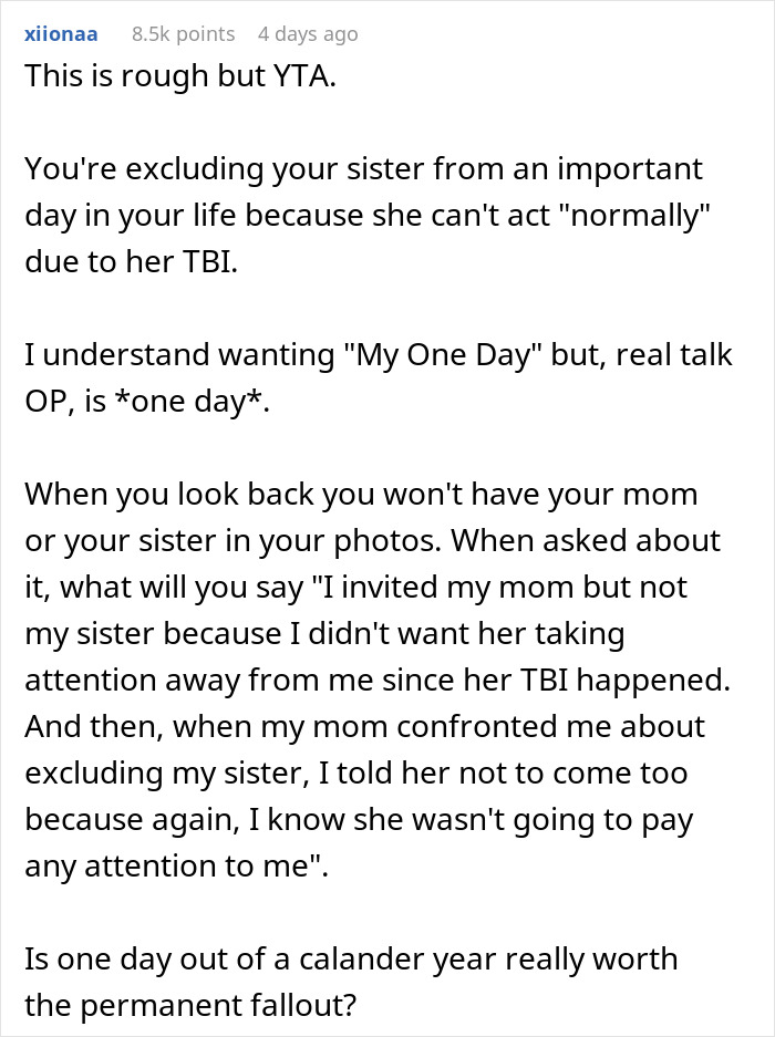 “AITA For Uninviting My Mom From My Wedding?”: Bride Doesn’t Want Her Disabled Sister At Her Wedding, Causing Massive Rift In Family “AITA For Uninviting My Mom From My Wedding?”: Bride Doesn’t Want Her Disabled Sister At Her Wedding, Causing Massive Rift In Family
