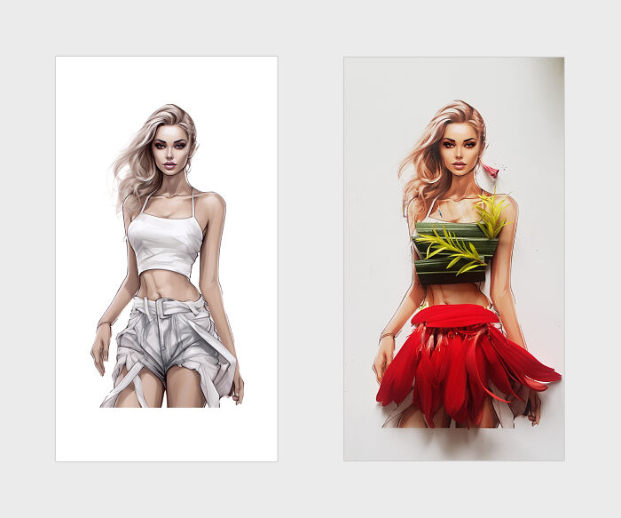 A Short Skirt Blooming With Red Orchid Petals, Paired With A Top Adorned In Artful Cut Leaves, A Symphony Of Botanical Splendor