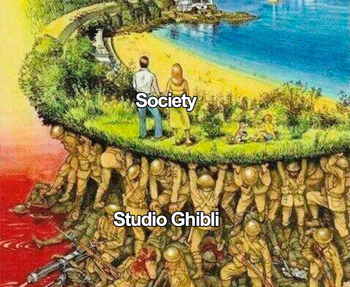 Society supported by Studio Ghibli characters in a humorous and insightful meme illustration.