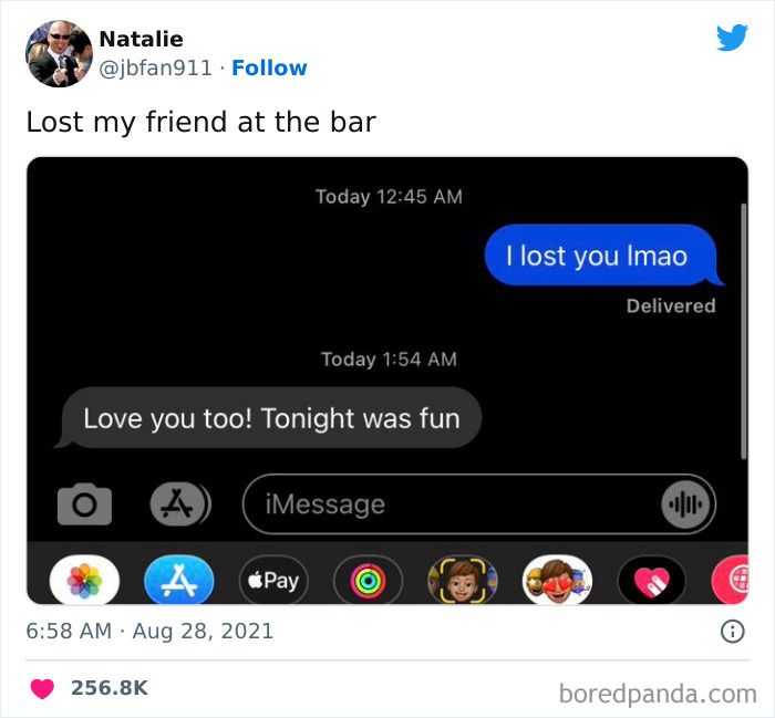 Text message exchange between friends, highlighting humorous friendship moments at a bar.