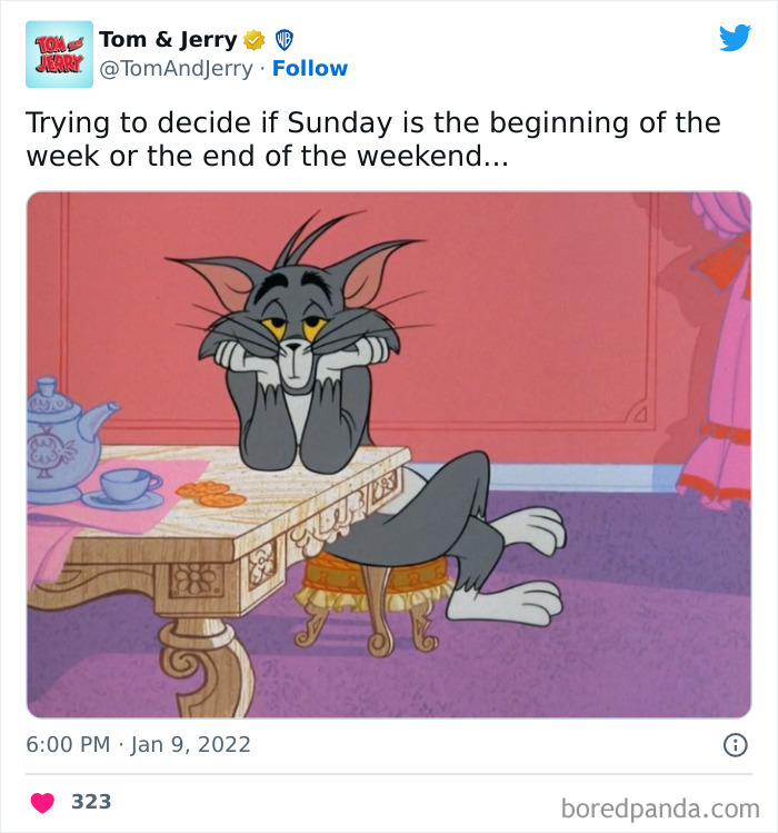 Deciding if Sunday is the beginning of the week or the end of the weekend tired Tom from Tom And Jerry meme