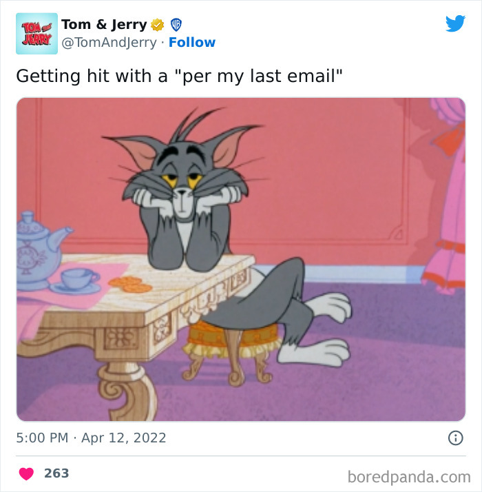 Getting hit with an email tired Tom from Tom And Jerry meme