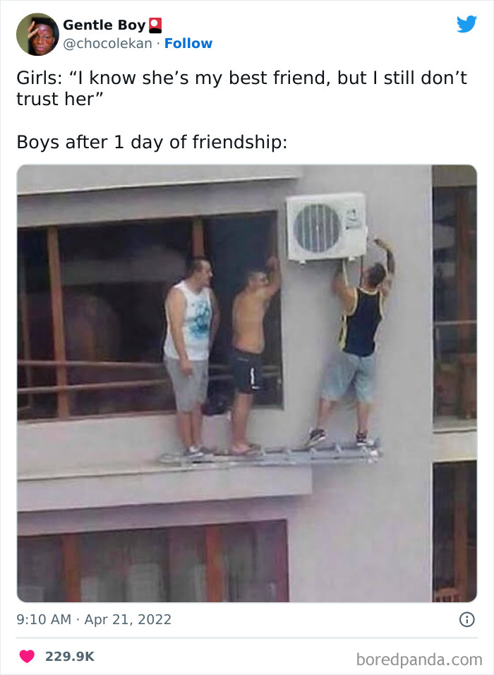 Boys after 1 day of friendship:" man being supported by two other men while installing an aircon on an apartment building meme