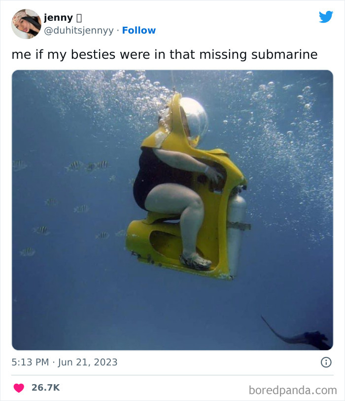lady in a scooter like submersible underwater meme 