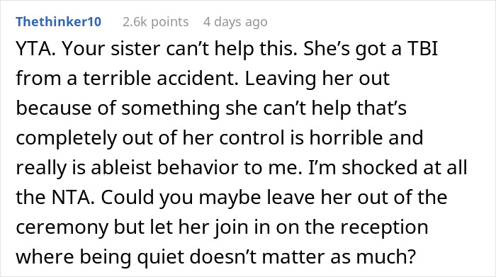 “AITA For Uninviting My Mom From My Wedding?”: Bride Doesn’t Want Her Disabled Sister At Her Wedding, Causing Massive Rift In Family “AITA For Uninviting My Mom From My Wedding?”: Bride Doesn’t Want Her Disabled Sister At Her Wedding, Causing Massive Rift In Family