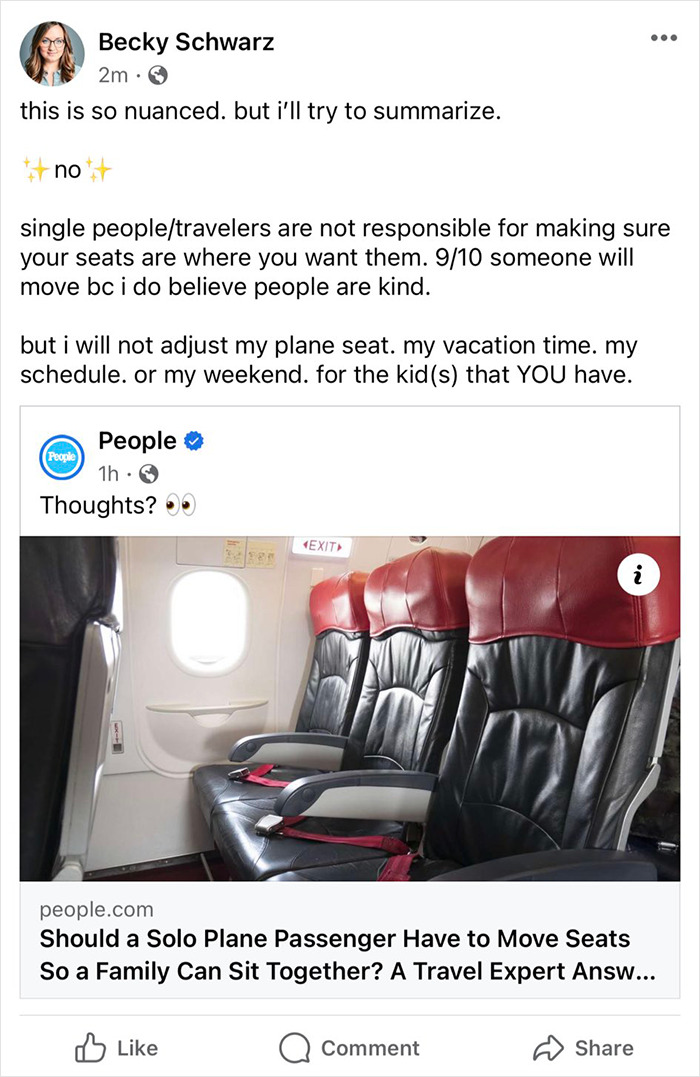 "My Life Is Not Expendable For Your Own Convenience": Woman's Unwilling To Swap Seats With Moms "My Life Is Not Expendable For Your Own Convenience": Woman's Unwilling To Swap Seats With Moms