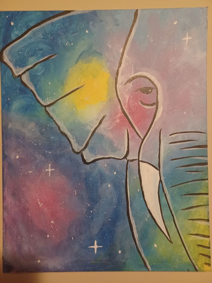 I'm Not An Artist. I Did One Of Those Learn To Paint Events With My Mom Where We Painted This Particular Picture. I Call It "Cosmic Elephant". I Am Proud Of It Though, And My Husband Wanted To Hang It On The Wall. Sorry About Picture Quality, My Phone Is A Little Outdated