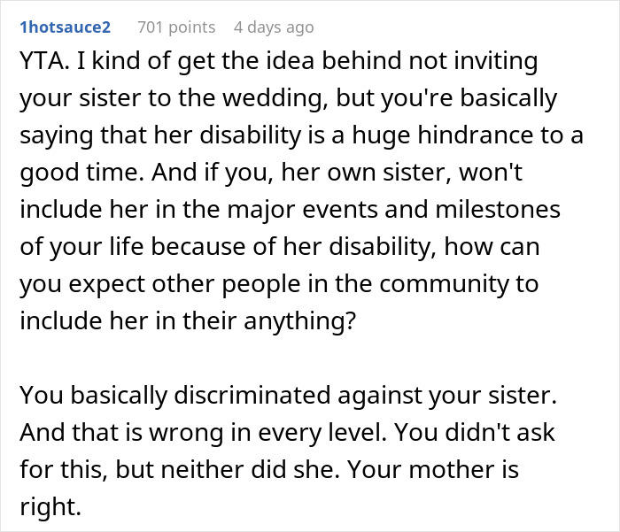 “AITA For Uninviting My Mom From My Wedding?”: Bride Doesn’t Want Her Disabled Sister At Her Wedding, Causing Massive Rift In Family “AITA For Uninviting My Mom From My Wedding?”: Bride Doesn’t Want Her Disabled Sister At Her Wedding, Causing Massive Rift In Family