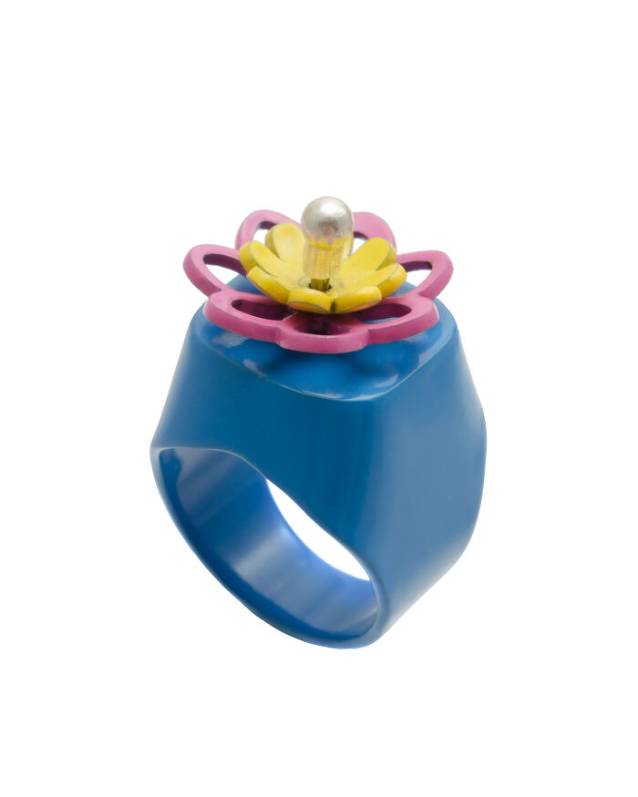 Blue, Pink, Yellow, Blue Rotating Flower Ring