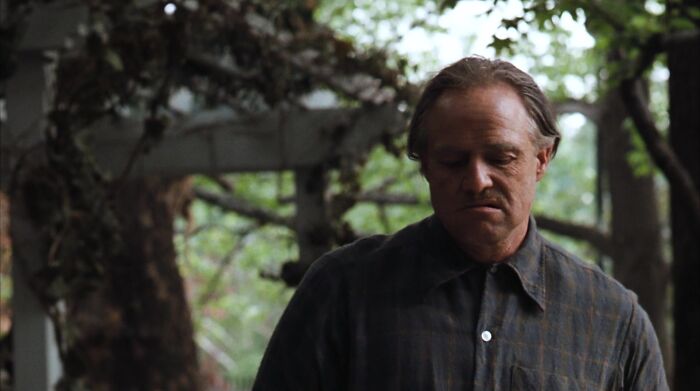 Don Vito Corleone walking through a garden