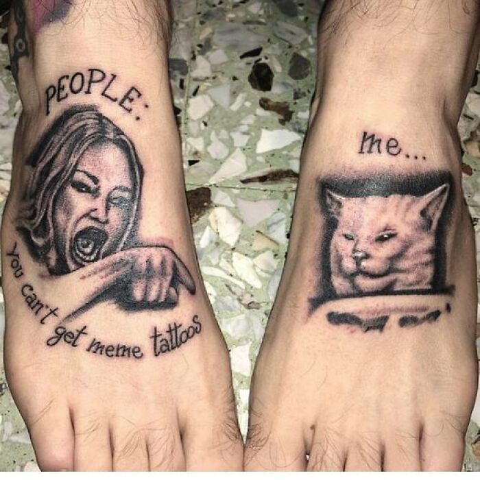 Meme-inspired tattoo fail depicting a woman pointing and a grinning cat on feet.