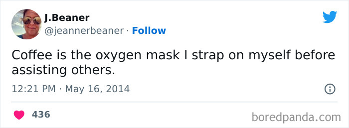A coffee meme featuring a tweet that reads, "Coffee is the oxygen mask I strap on myself before assisting others." The tweet humorously compares coffee to an oxygen mask, emphasizing its importance in the user's daily routine and suggesting that coffee is essential for functioning and helping others.
